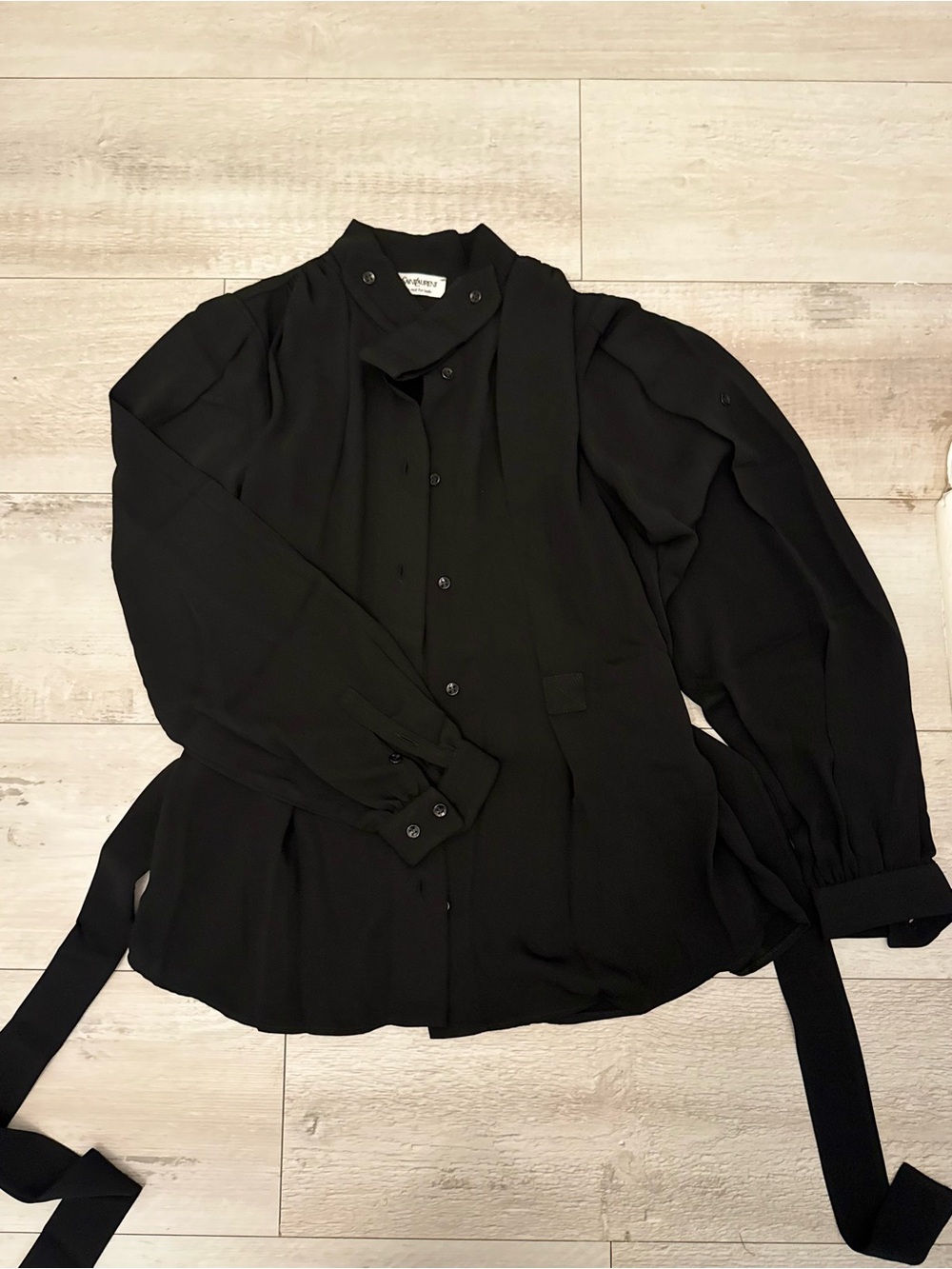 Yves Saint Laurent Black Long-Sleeve Button Blouse with Neck Tie